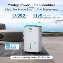 Yaufey JD026R-150 150 Pints Energy Star Dehumidifier for Basement, Home and Room up to 7000 Sq. Ft., with Drain Hose, Timer, Intelligent Humidity Control and Large Water Tank