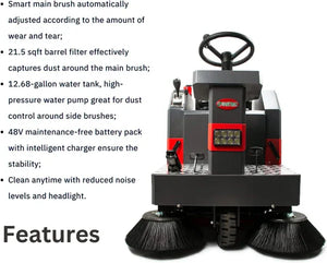 SANITMAX SM1250 49" Ride-on Industrial Floor Sweeper, 26 Gal Dustbin, 69000 Sqft/h Efficiency