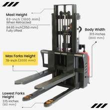 SUNMAX PS3300FE-2M Full-Electric Pallet Stacker, 3300 lbs Capacity, 78" Lifting Height for Open-bottom Pallets