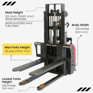 SUNMAX PS3300FE-2M Full-Electric Pallet Stacker, 3300 lbs Capacity, 78" Lifting Height for Open-bottom Pallets