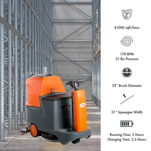 SANITMAX RT70 Ride-On Floor Scrubber, 48000 Sq ft/H Efficiency, 18.5 Gal Tanks, 31-inch Squeegee Width