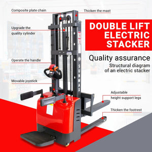 SUNMAX PS3300FE-3M Electric Pallet Stacker, 3300 lbs Capacity, 118" Lifting Height, Works with Open-bottom Pallets