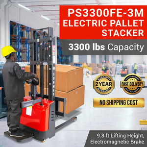 SUNMAX PS3300FE-3M Electric Pallet Stacker, 3300 lbs Capacity, 118" Lifting Height, Works with Open-bottom Pallets