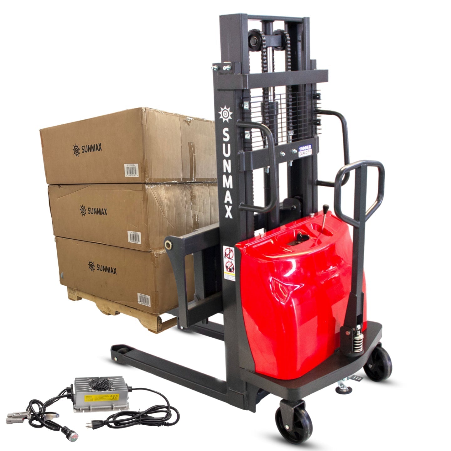 SUNMAX PS3300SE-2M Semi-Electric Pallet Stacker, 3300 lbs Capacity, 78