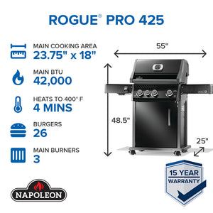 Napoleon Rogue PRO 425 Black Propane Gas Grill with Infrared Side Burner
