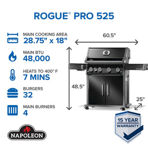 Napoleon Rogue PRO 525 Black Propane Gas Grill with Infrared Side Burner