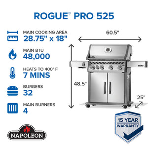 Napoleon Rogue PRO 525 Stainless Steel Propane Gas Grill with Infrared Side Burner