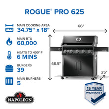 Napoleon Rogue PRO 625 Black Propane Gas Grill with Infrared Side Burner