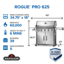 Napoleon Rogue PRO 625 SIB Natural Gas with Infrared Side Burner, Stainless Steel