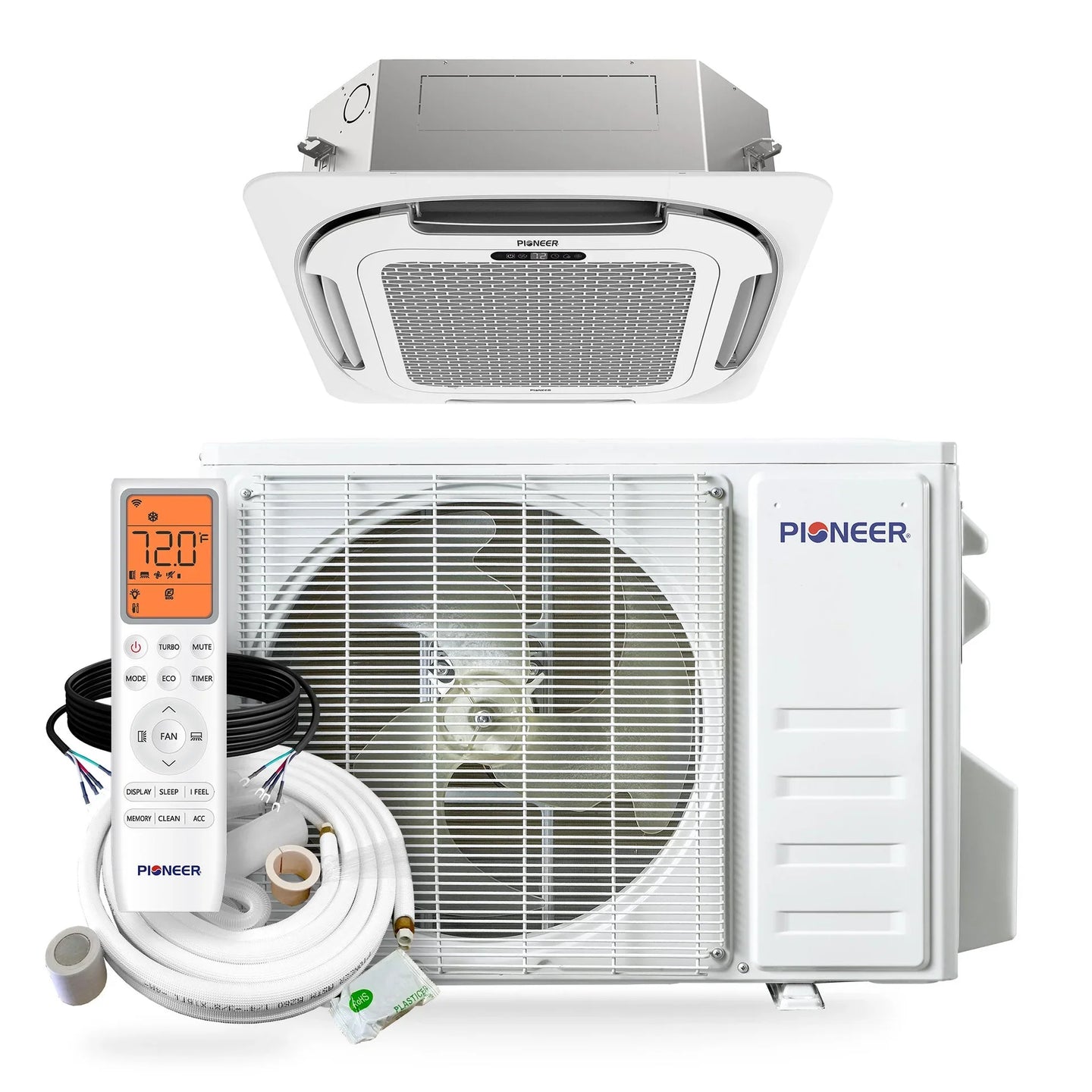 Pioneer Quantum Ultra 24,000 BTU 22.5 SEER2 230V Ceiling Cassette Ductless Mini-Split Air Conditioner Inverter Heat Pump with 16 Ft. Kit
