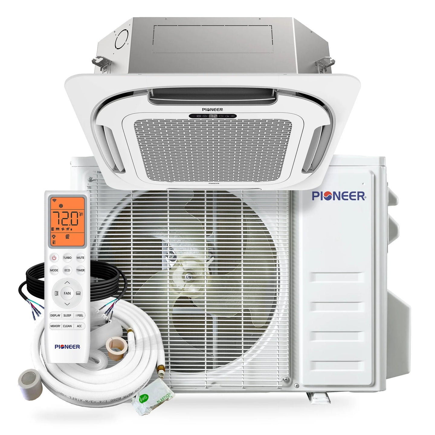 Pioneer Quantum Ultra 18,000 BTU 20.5 SEER2 230V Ceiling Cassette Ductless Mini-Split Air Conditioner Inverter Heat Pump with 16 Ft. Kit