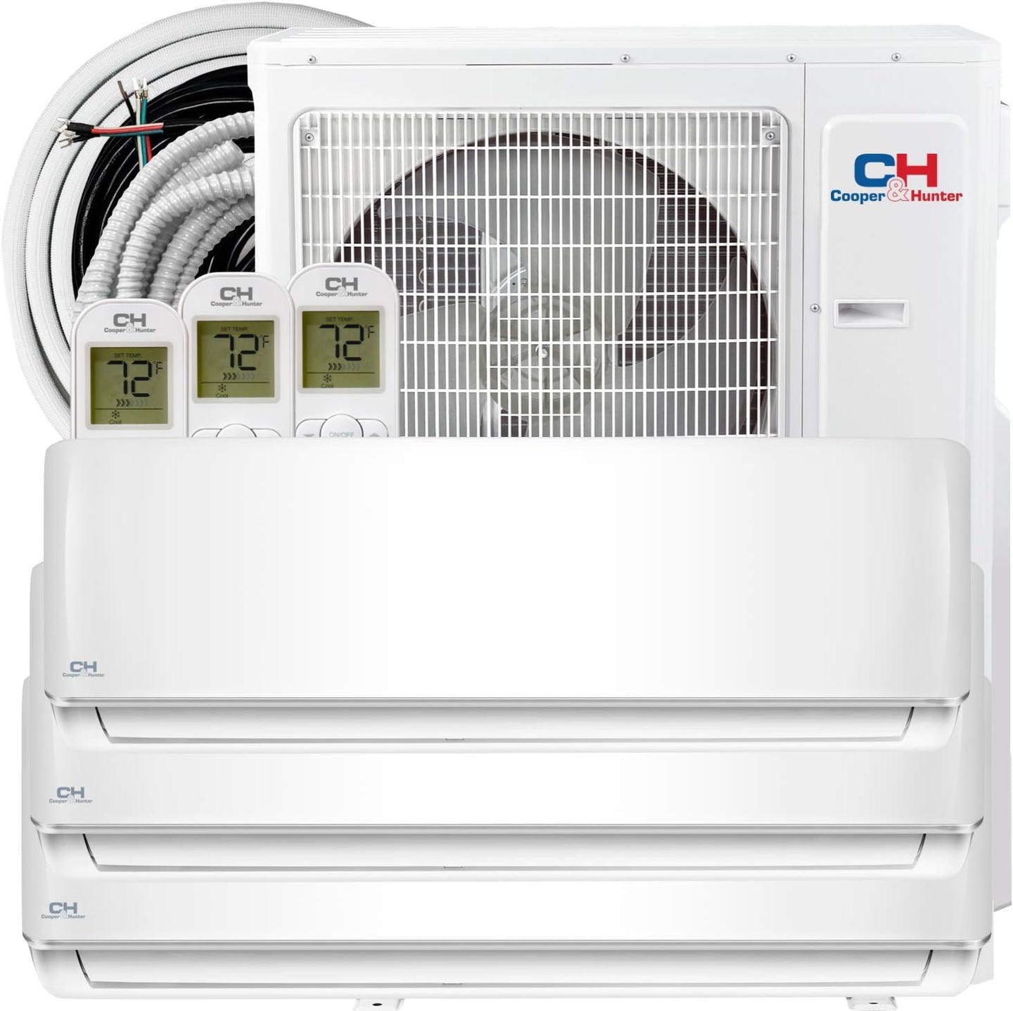 Cooper & Hunter Tri 3 Zone 12000 12000 12000 BTU Multi Zone Ductless Mini Split Air Conditioner and Heater Full Set with 25ft Installation Kits (28,000 BTU Condenser)