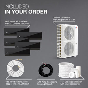 Cooper & Hunter 48,000 BTU Olivia Series, Midnight Edition, Five Zone 6000 + 6000 + 6000 + 6000 + 24000 BTU Wall Mount Air Handlers Ductless Mini Split A/C and Heater Including Installation Kits