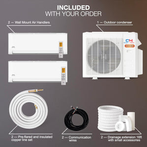 Cooper & Hunter Hyper Heat -22F Dual 2 Zone 9,000 + 9,000 BTU Ductless Mini Split Heat Pump Air Conditioner System Full Set with Two 25FT Installation Kits