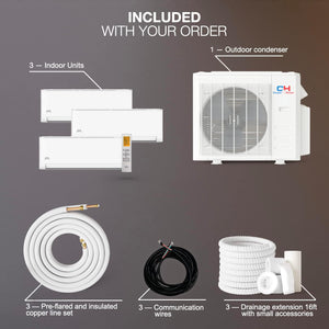 Cooper & Hunter 36,000 BTU Tri 3 Zone 9000 9000 18000 BTU 23.9 SEER2 Multi Zone Ductless Mini Split Air Conditioner Heat Pump Full Set with 25ft Installation Kits