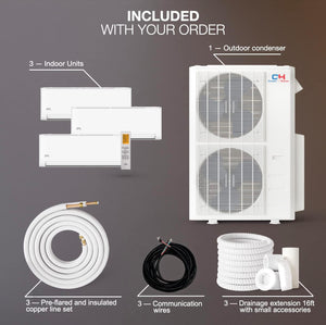 Cooper & Hunter 28,000 BTU Tri 3 Zone 9,000 + 12,000 + 12,000 BTU, 24.6 SEER2, 230V, Multi Zone Wall Mount Ductless Mini Split Air Conditioner Heat Pump Full Set with 25ft Installation Kits