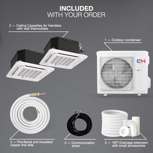 Dual 2 Zone 9000 12000 Ductless Mini Split Ceiling Cassette Air Conditioner Heat Pump Multi Sophia Series