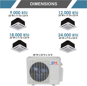 COOPER AND HUNTER Tri 3 Zone Ductless Mini Split Air Conditioner Ceiling Cassette Heat Pump 12000 12000 24000