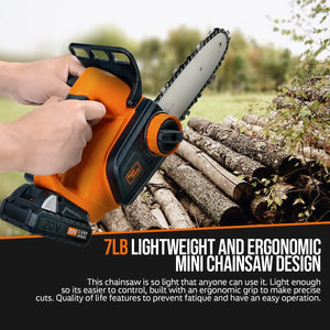 SuperHandy Chainsaw Mini 8-Inch Cordless Electric 20V 2.0Ah Lightweight Wood Tree Cutting Forestry Landscaping