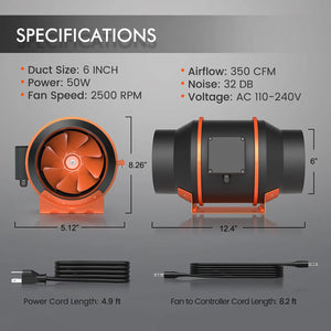 Spider Farmer 6 Inch Inline Duct Fan with Speed Controller