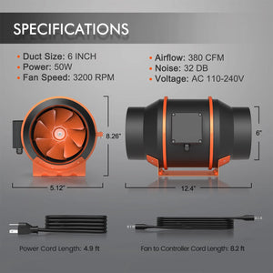Spider Farmer Ventilation Kit 6 Inch 350 CFM Inline Duct Fan with Temperature Humidity Controller, Carbon Filter 32 Feet Ducting Combo Set Ventilation System for Grow Tents Hydroponics